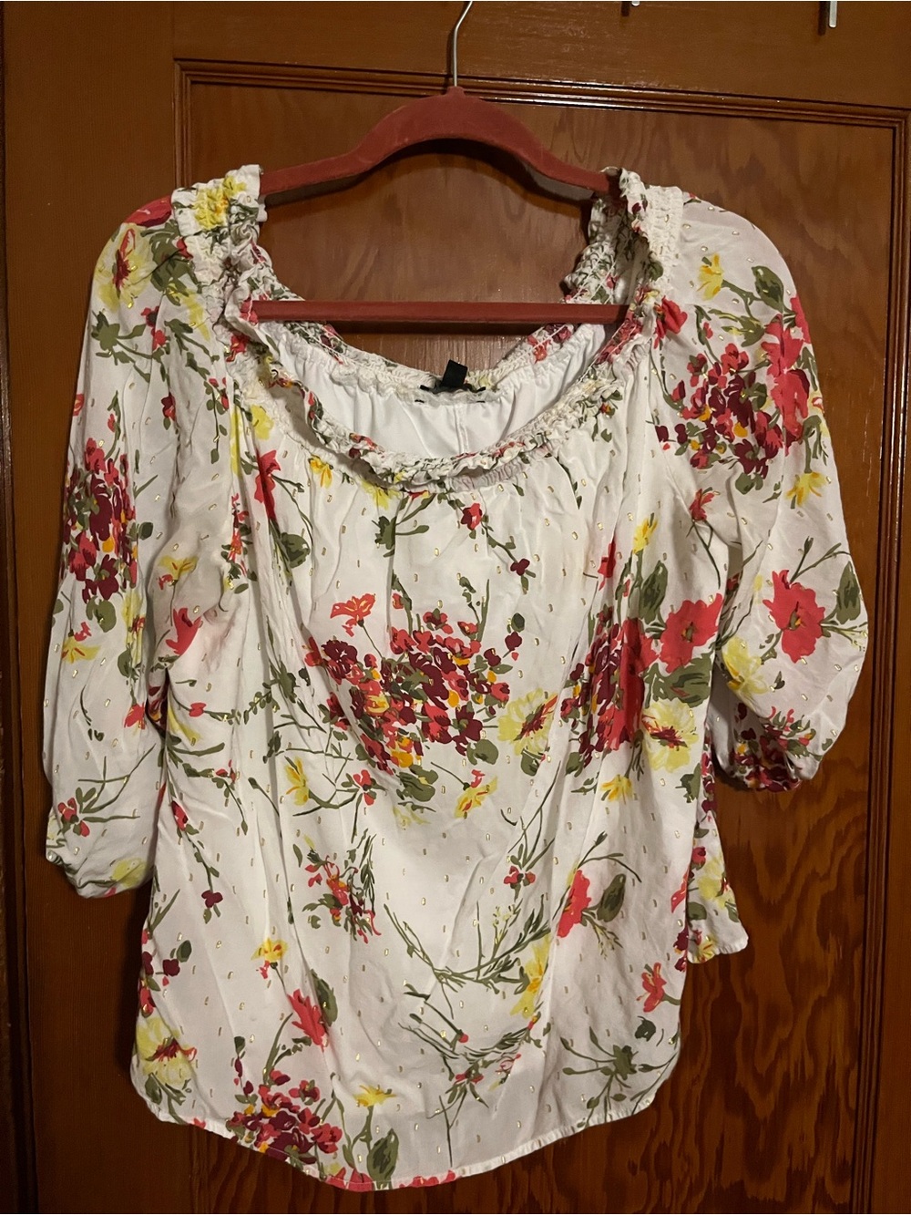 Lane Bryant White Floral Peasant Blouse with Red & Yellow Accents